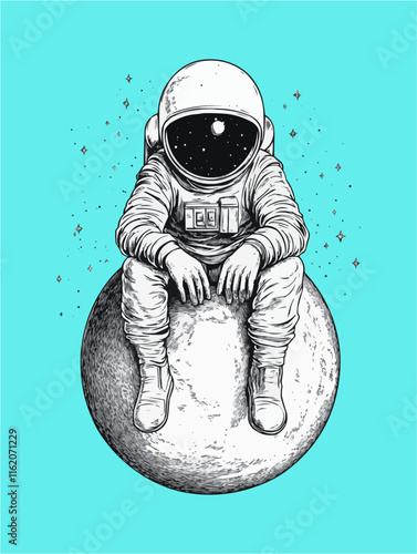 Astronaut sitting on the moon with a contemplative expression.
