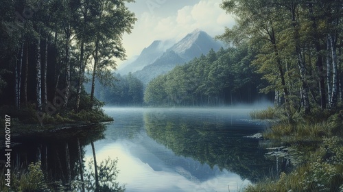 A tranquil lake mirrors a distant mountain and surrounding trees, shrouded in mist during the quiet early evening