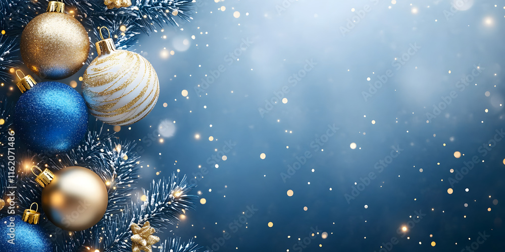 Holiday background with blue and gold baubles and glittering bokeh lights. Digital greeting cards, web banners, festive print designs, copy space Holiday background with blue and gold baubles and glittering bokeh lights. Digital greeting cards, web banners, festive print designs, copy space