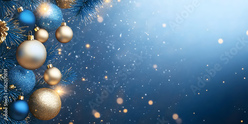 Holiday background with blue and gold baubles and glittering bokeh lights. Digital greeting cards, web banners, festive print designs, copy space photo