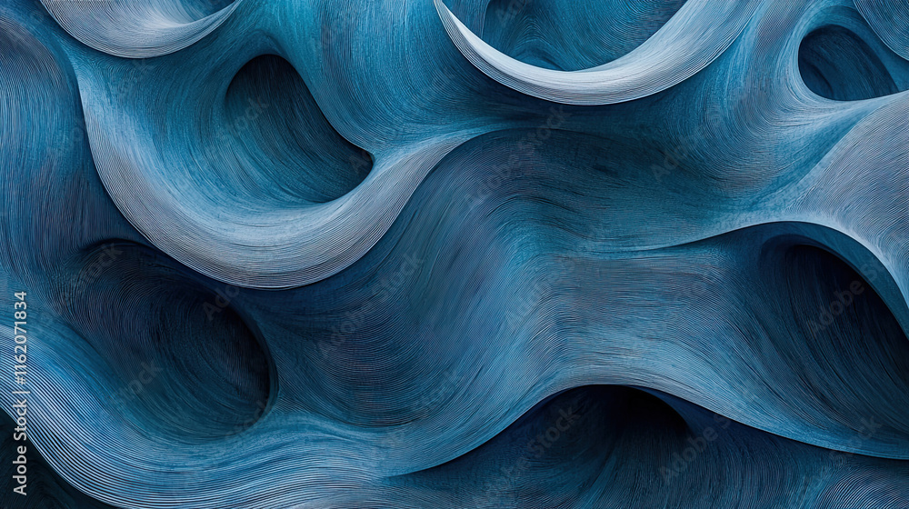 Obraz premium Three-Dimensional Render of Blue Wavy Pattern, Dynamic Flowing Design, Smooth and Fluid Texture, Abstract Modern Concept, Vibrant Gradient Shades, Perfect for Futuristic and Artistic Visuals