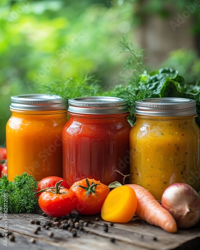 A fresh and vibrant scene of jars of lowcalorie vegetable soup on a wooden table, in a bright kitchen setting with soft shadows, space for text photo