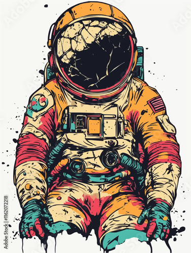 Astronaut Sitting in Space Suit with Cracked Helmet.