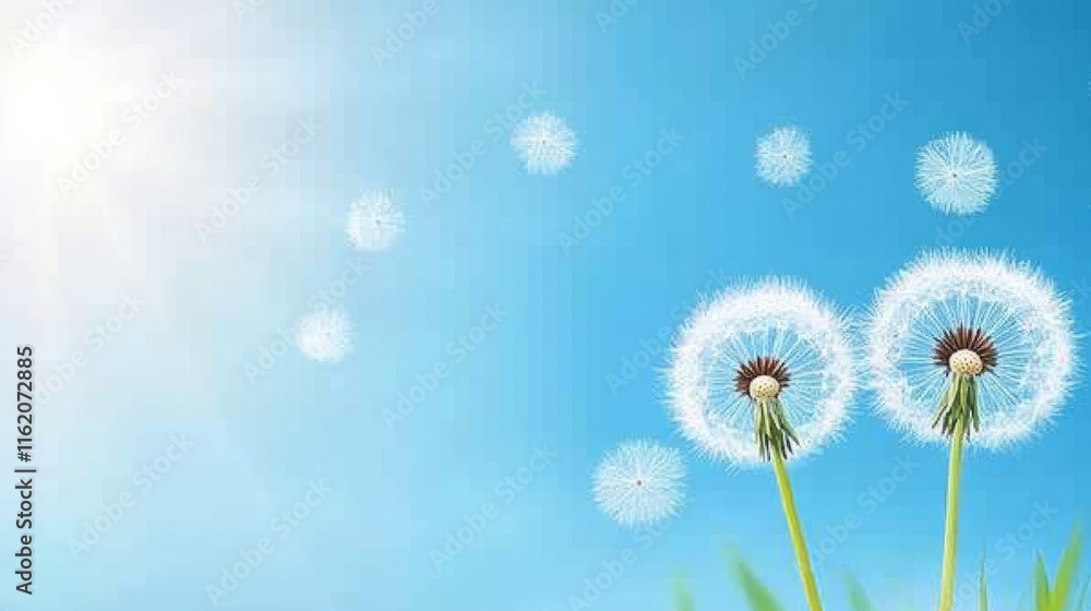 Dandelion Seeds Floating on Sunny Blue Sky Dandelion Seeds Floating on Sunny Blue Sky