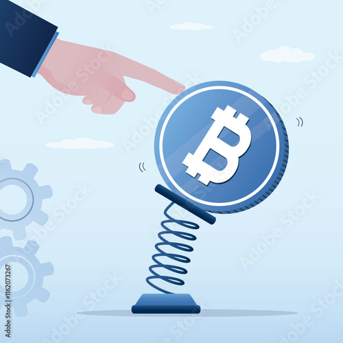 Businessman trader hand push metal spring with unstable bitcoin. Cryptocurrency volatility, investment and speculation risk, price fluctuation, uncertainty,