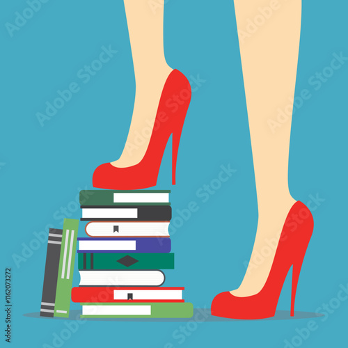 Skills improvement. Woman legs in red high heel shoes standing on stack of books. Female student reading textbook, library. Leisure and education. Feminism, gender equality