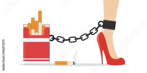 Girl smokes. Woman leg in handcuffs chained to big pack of cigarettes. Nicotine addiction, harmful habit, health hazard. Quit smoking. No smoke, concept. Social issues.