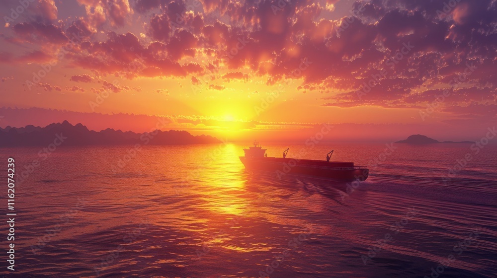 Naklejka premium Majestic Sunset Over the Ocean with Cargo Ship Sailing Towards the Horizon