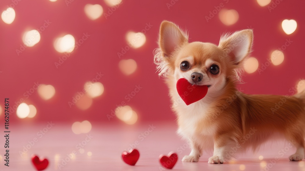Adorable Chihuahua Holding a Rose Surrounded by Festive Lights Adorable Chihuahua Holding a Rose Surrounded by Festive Lights