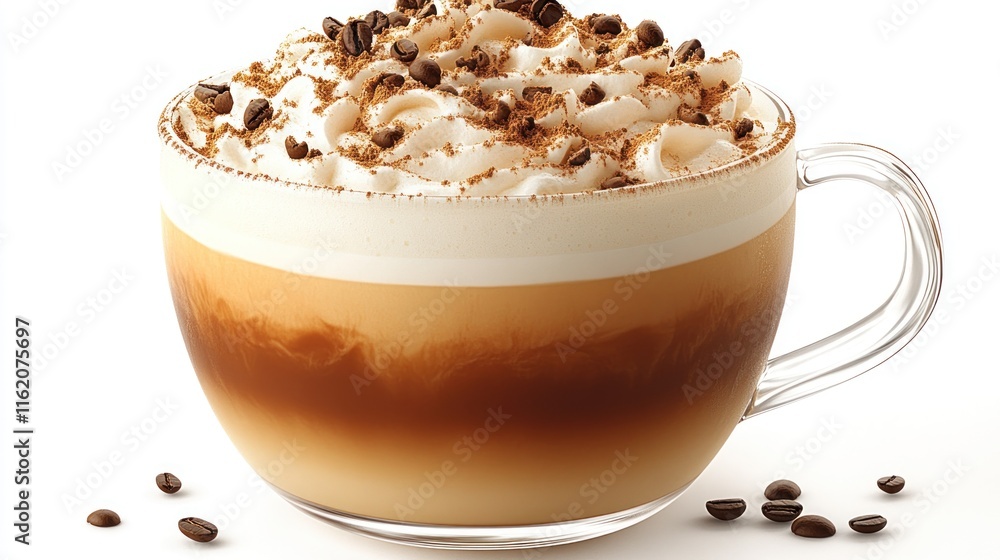 Creamy coffee drink in a clear glass mug, topped with whipped cream and coffee beans. Creamy coffee drink in a clear glass mug, topped with whipped cream and coffee beans.
