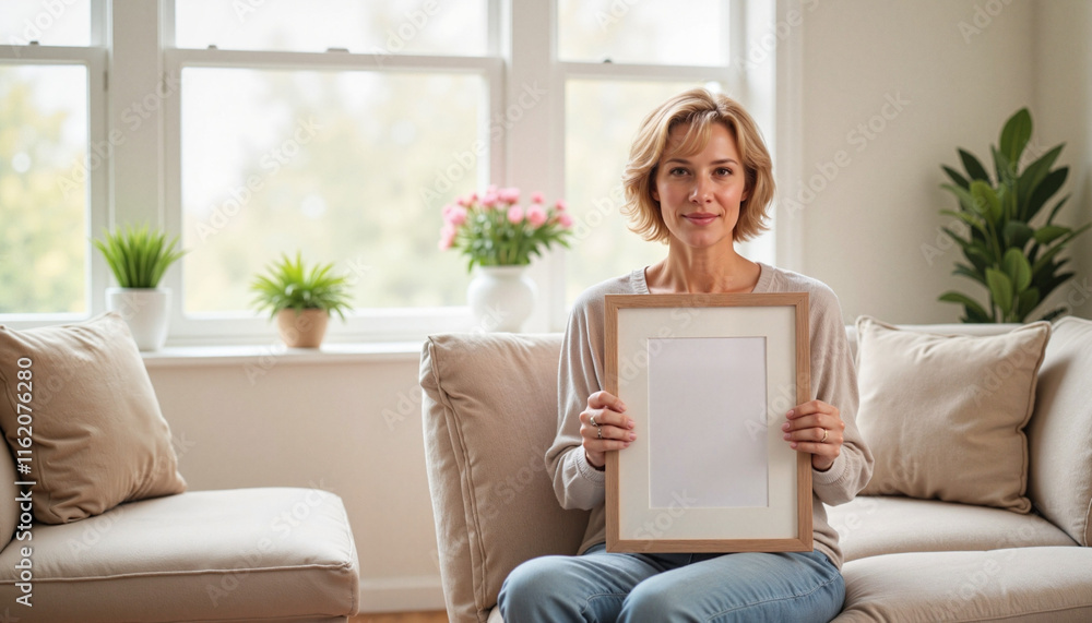 Woman holding empty picture frame in stylish living room Woman holding empty picture frame in stylish living room