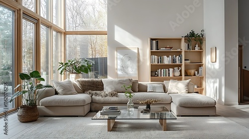 Modern minimalist living room with large windows, sectional sofa, wooden shelving, plants, and natural light. photo