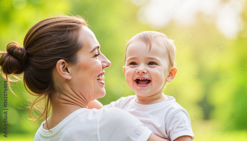 Mother joyfully holds laughing baby in sunny park Mother joyfully holds laughing baby in sunny park