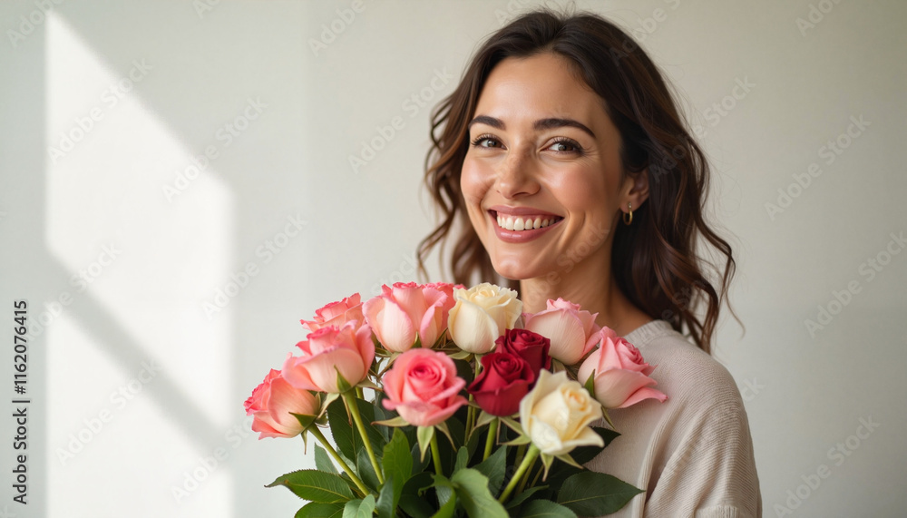Smiling woman holding bouquet of roses against light background Smiling woman holding bouquet of roses against light background