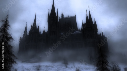 Wallpaper Mural Dark Gothic Castle in Misty Winter Landscape Torontodigital.ca