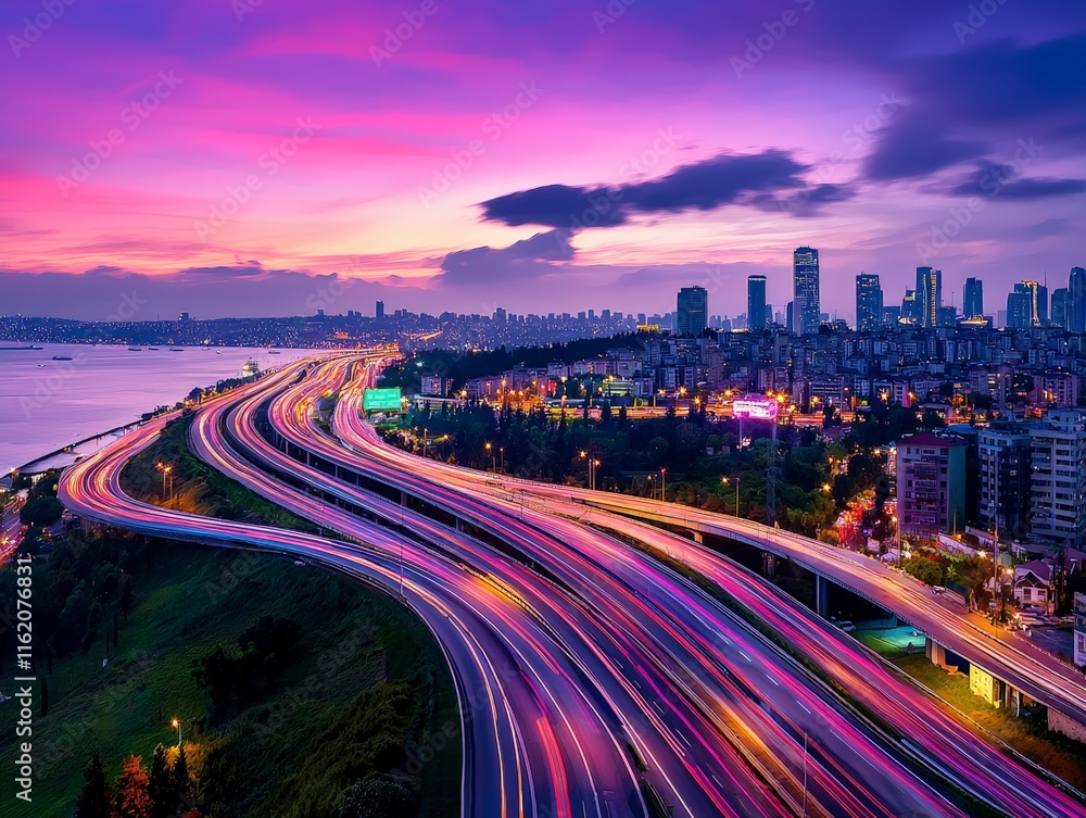 Obraz premium Aerial View of a Sprawling Highway Network Illuminated by Vibrant City Lights at Dusk Overlooking a Waterfront Cityscape with Towering Skyscrapers and a Colorful Sky