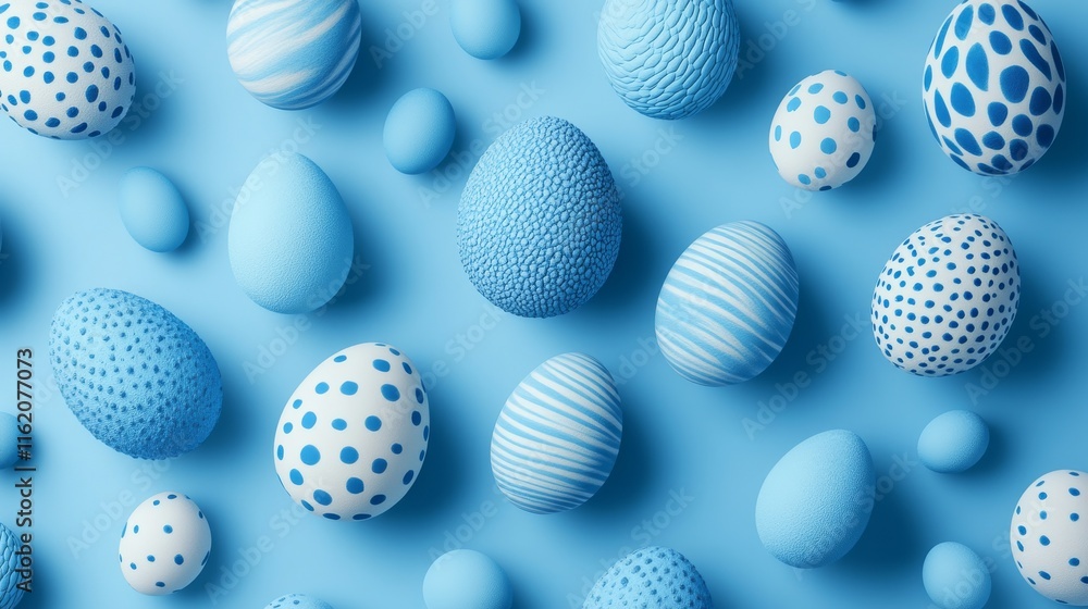 Easter eggs with textured designs in classic blue on a seamless blue background – high angle view of decorative holiday eggs showcasing minimalist style and monochromatic aesthetic perfect for seasona Easter eggs with textured designs in classic blue on a seamless blue background – high angle view of decorative holiday eggs showcasing minimalist style and monochromatic aesthetic perfect for seasona