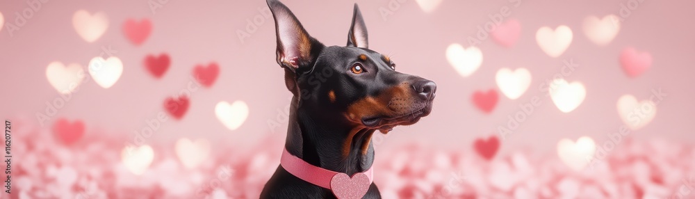 Dreamy Doberman in Valentine s Surreal Scene with Hearts and Bokeh Lights Dreamy Doberman in Valentine s Surreal Scene with Hearts and Bokeh Lights