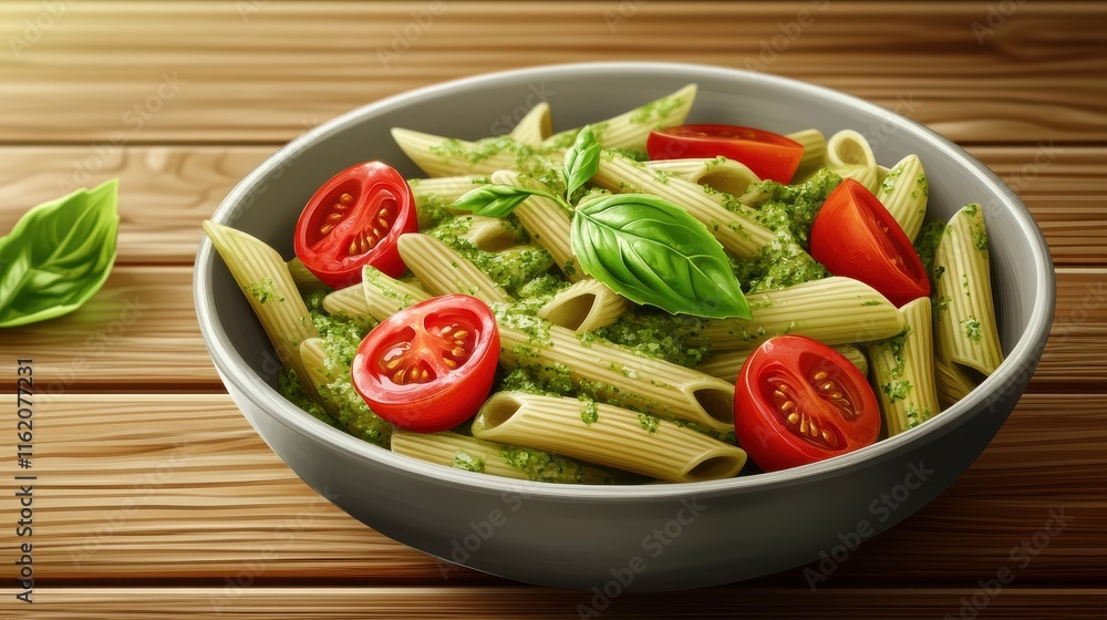 Delight in a bowl of penne pasta covered in vibrant pesto, mixed with juicy cherry tomatoes, beautifully plated in a light grey bowl on a warm wooden table. Delight in a bowl of penne pasta covered in vibrant pesto, mixed with juicy cherry tomatoes, beautifully plated in a light grey bowl on a warm wooden table.