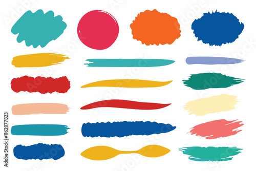 Vibrant array of colorful brush strokes creating an abstract and dynamic visual composition, flat vector illustration set