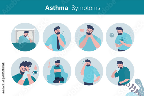 Asthma symptoms infographic. Information on triggers, symptoms and management of asthma. Prevention tips, emergency steps. medical condition,
