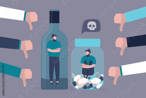 Bad habits, concept. Drug addiction, drinking alcohol, alcoholism therapy, stress metaphor. Human hands in dislike gestures. Drug abuse, drunk man in bottle,