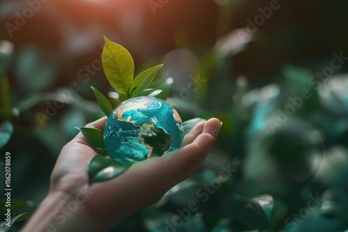 Green leaf globe on human hand. save the world concept on earth day #1162078859