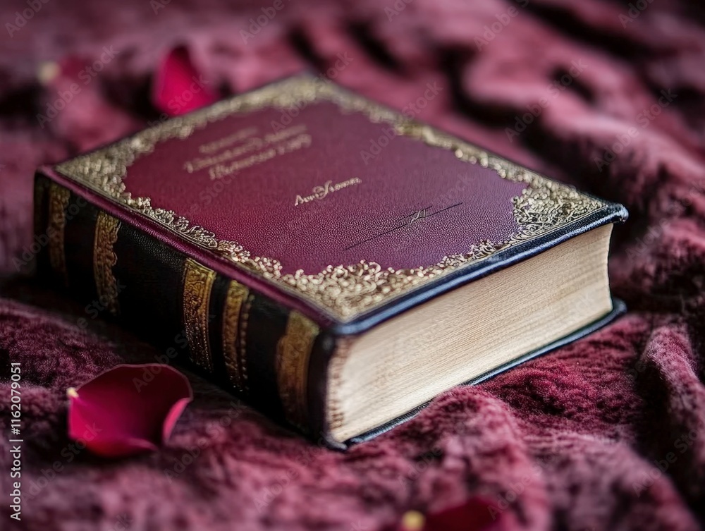 A beautifully bound book lies on a textured surface, surrounded by rose petals, suggesting a romantic or sentimental theme. The intricate cover design adds to its aesthetic appeal. A beautifully bound book lies on a textured surface, surrounded by rose petals, suggesting a romantic or sentimental theme. The intricate cover design adds to its aesthetic appeal.
