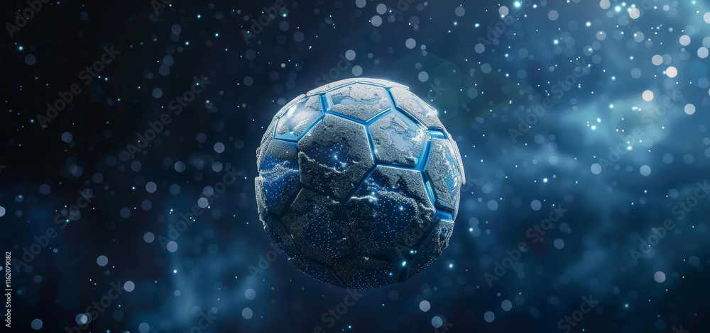 Fototapeta premium Abstract illustration of a soccer ball on a world map with an underwater theme, featuring a night setting, isolated black and white ball, and sports competition elements