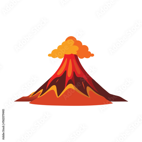 Erupting volcano with lava flowing down sides isolated flat vector illustration on white background.