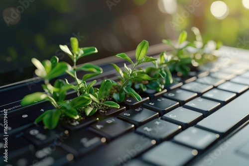 Laptop keyboard with plant  Green IT  carbon efficient  digital sustainability. photo