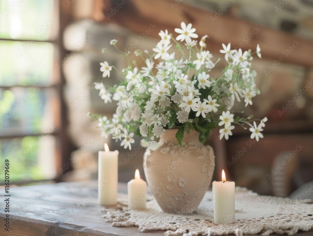 Rustic Serenity: White Daisies in a Vintage Vase with Burning Candles on a Wooden Table