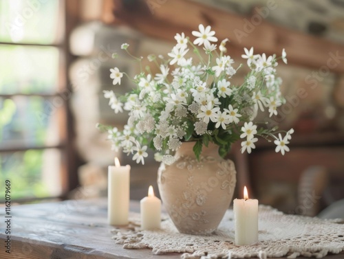 Obraz na płótnie Rustic Serenity: White Daisies in a Vintage Vase with Burning Candles on a Wooden Table w salonie