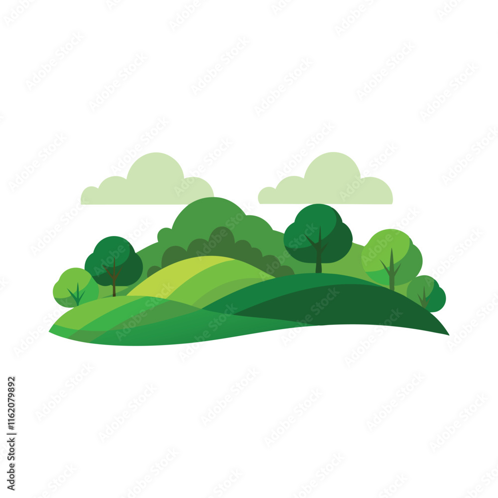 Fototapeta premium Rolling green hills adorned with lush trees isolated flat vector illustration on white background.