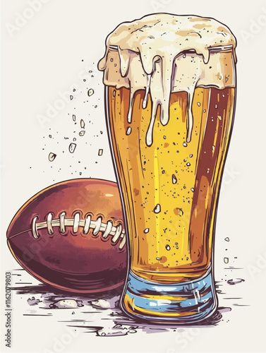 Illustration of a American football ball and a glass of beer. Isolated vector.
