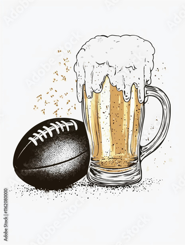Illustration of a American football ball and a glass of beer. Isolated vector.