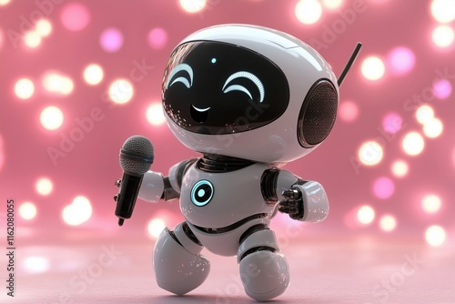 Singing Robot:  A charming, cartoonish robot joyfully sings into a microphone against a bokeh background of pink lights. This adorable image is perfect for projects related to technology, music.