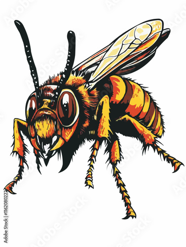 Vibrant graphic art illustration of a yellow and black wasp with grunge splatter effects.