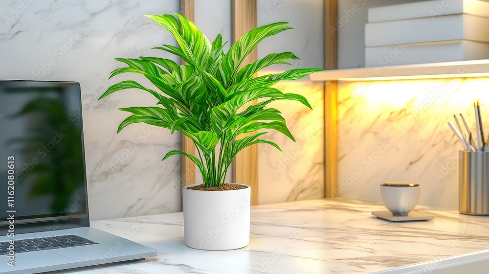 Fototapeta premium Spacious Modern Workspace Design Featuring a Lush Green Plant on a Minimalistic Desk with a Laptop and Stylish Lighting for an Inspiring Work Environment