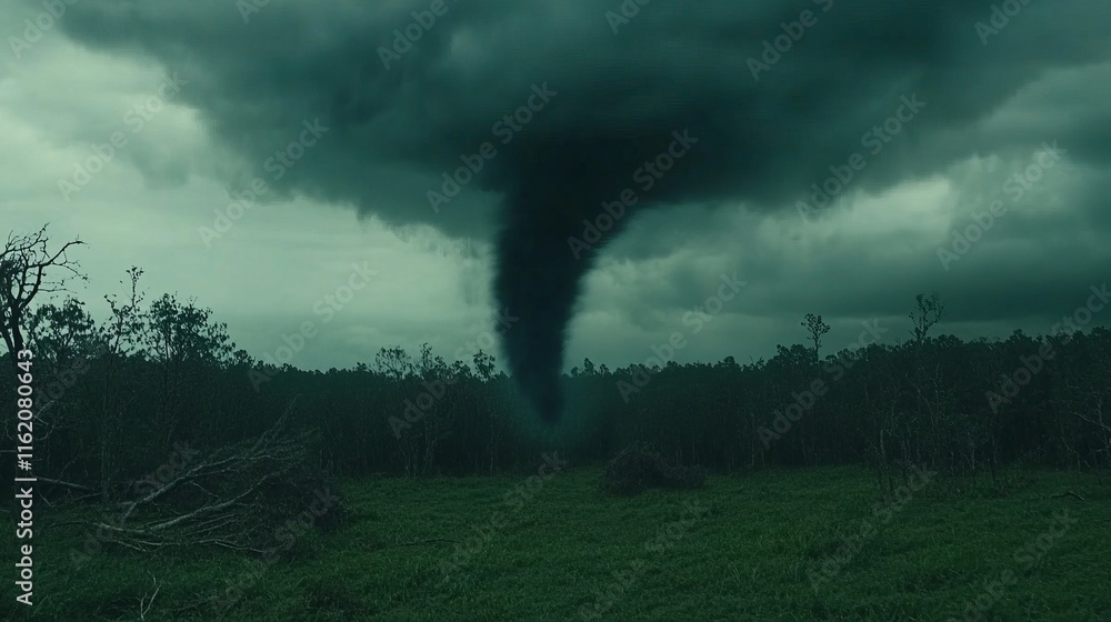 Obraz premium Dark Stormy Sky with Tornado Over Forest