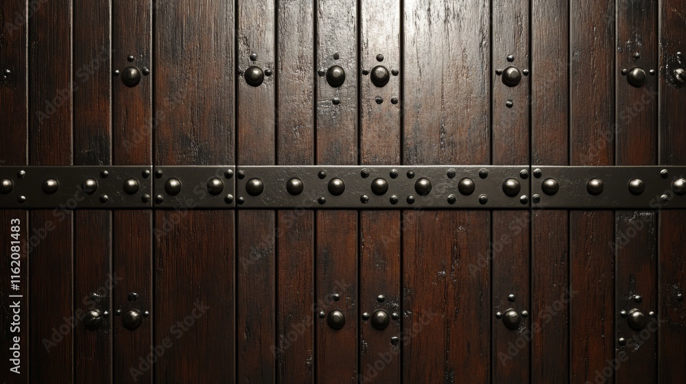 Dark Wood Paneling with Metal Accents and Rivets Dark Wood Paneling with Metal Accents and Rivets