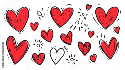 Hand-drawn red heart doodle collection, isolated on a white background. Set of cute hand-drawn hearts in different shapes for a Valentine's card or wedding invitation design. Love symbol.