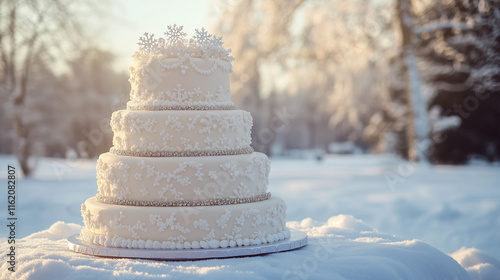 Elegant white wedding cake on snowy field in winter sunlight