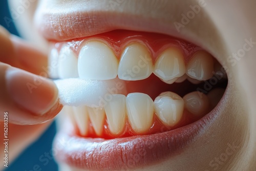 Close-up of a person's mouth with cotton swab cleaning teeth. photo