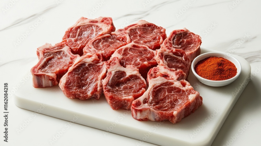 Fresh Raw Meat Cuts on Marble Surface Fresh Raw Meat Cuts on Marble Surface