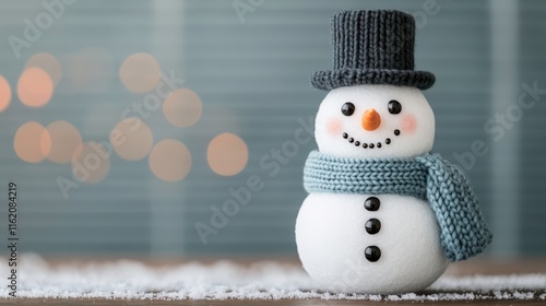 A charming snowman made of white material, adorned with a knitted hat, scarf, and buttons, stands against a softly blurred background, evoking a cozy winter atmosphere.