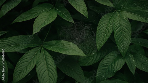 Dew-Kissed Spiderweb Hidden Among Lush Green Leaves
