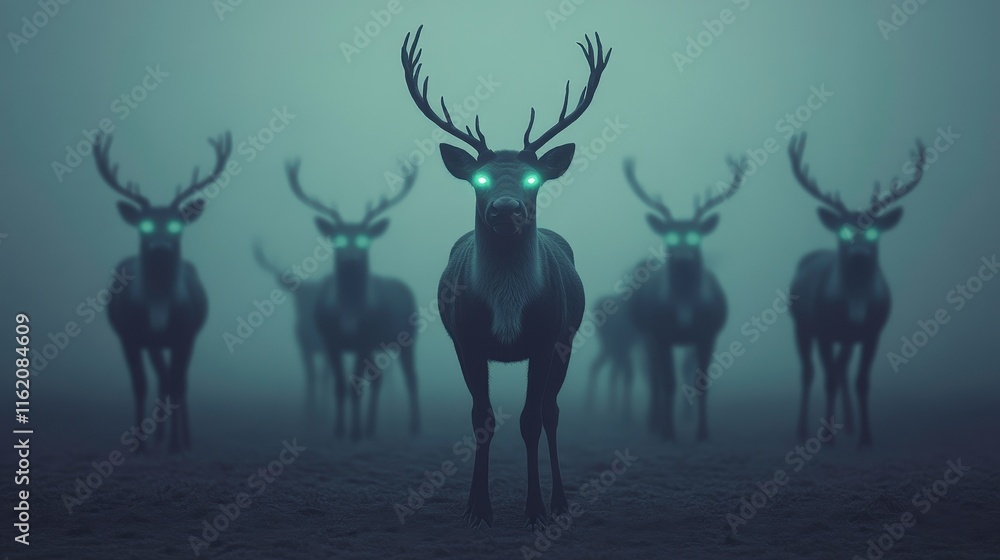 Fototapeta premium A mysterious scene featuring deer with glowing eyes in a foggy environment, creating an eerie and surreal atmosphere.