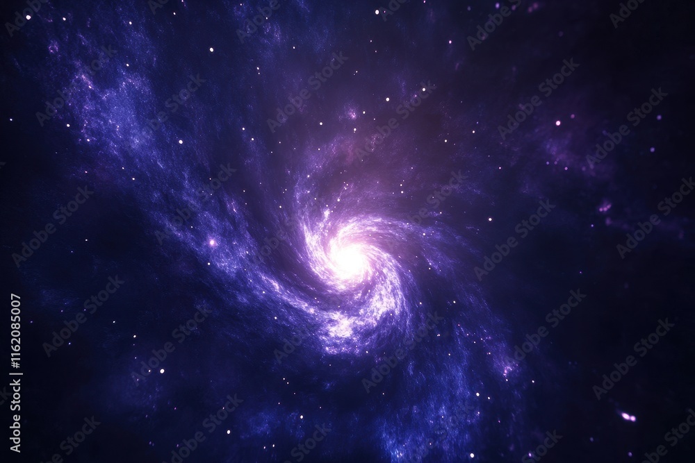 A captivating spiral galaxy is on display in the vastness of space, featuring swirling clouds of gas and dust illuminated by countless stars. The purple and blue hues create a mesmerizing view. A captivating spiral galaxy is on display in the vastness of space, featuring swirling clouds of gas and dust illuminated by countless stars. The purple and blue hues create a mesmerizing view.