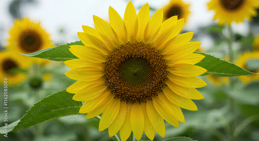 Fototapeta premium A vibrant sunflower in full bloom, surrounded by green leaves and a blurred field of sunflowers.